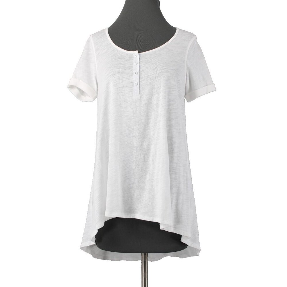 9-h15 STCL $58 Sz S Ivory White Round Neck 1/4 Button Hi Low 100% Cotton Top